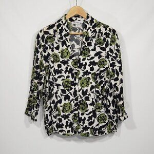 Saint Tropez West  Linen Blouse  Women's Size XL  Floral Pattern  Black & Green